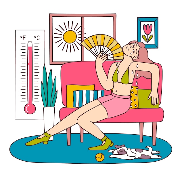 Handgezeichnete sommerhitzeillustration mit frau vor ventilator