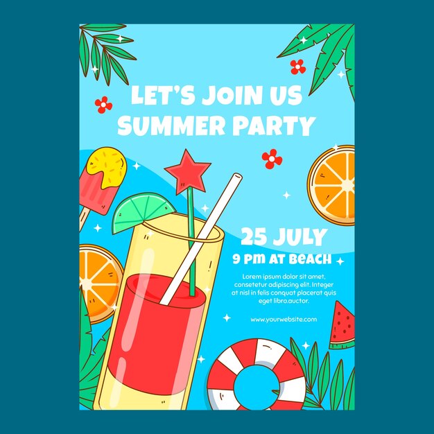 Handgezeichnete Sommerparty-Einladungsvorlage mit Cocktail