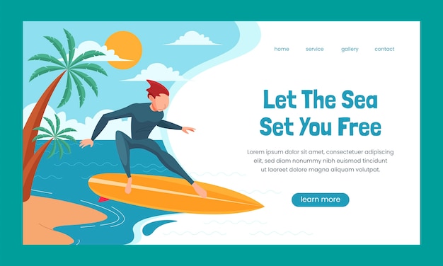 Kostenloser Vektor handgezeichnete surf-abenteuer-landingpage