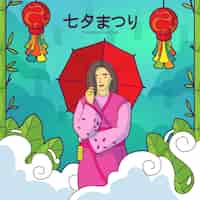 Kostenloser Vektor handgezeichnete tanabata-illustration mit frau, die regenschirm hält