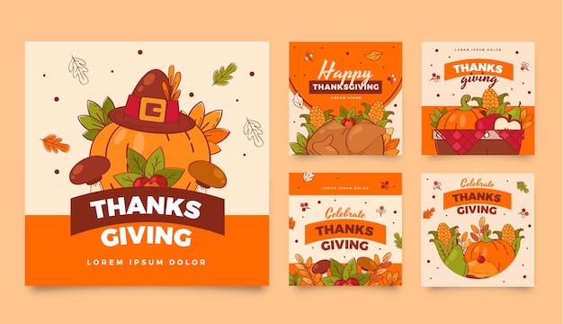 Kostenloser Vektor handgezeichnete thanksgiving-feier instagram-posts-sammlung