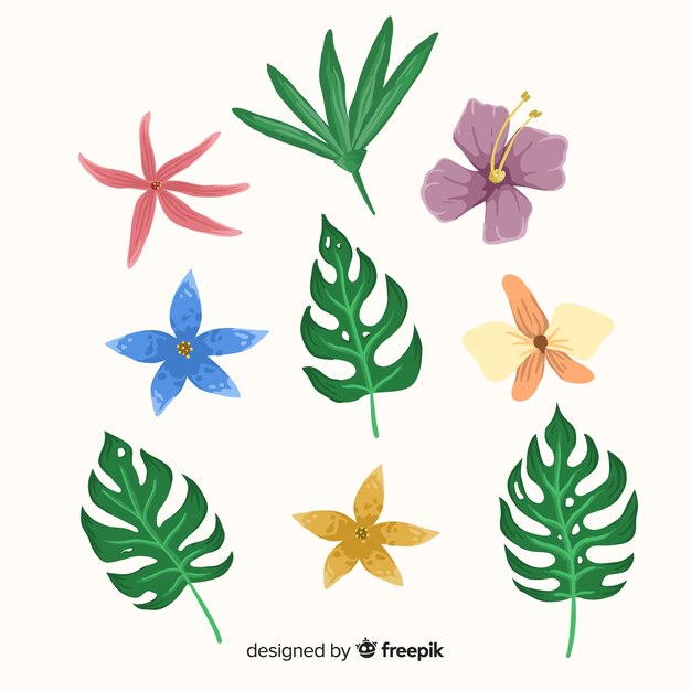 Handgezeichnete tropische Blumen und Blätter