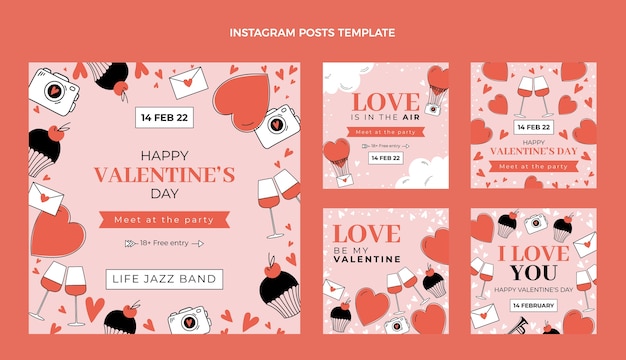Handgezeichnete valentinstag instagram posts sammlung