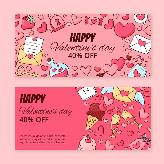 Kostenloser Vektor handgezeichnete valentinstag verkauf horizontale banner set