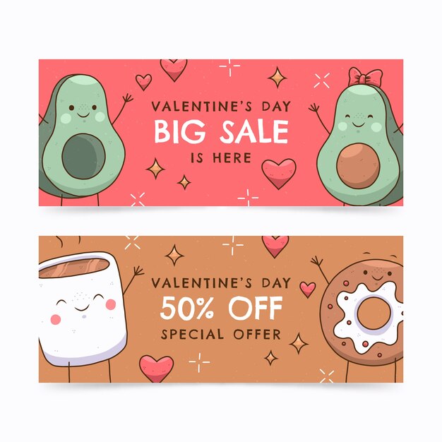 Handgezeichnete Valentinstag Verkauf horizontale Banner Set