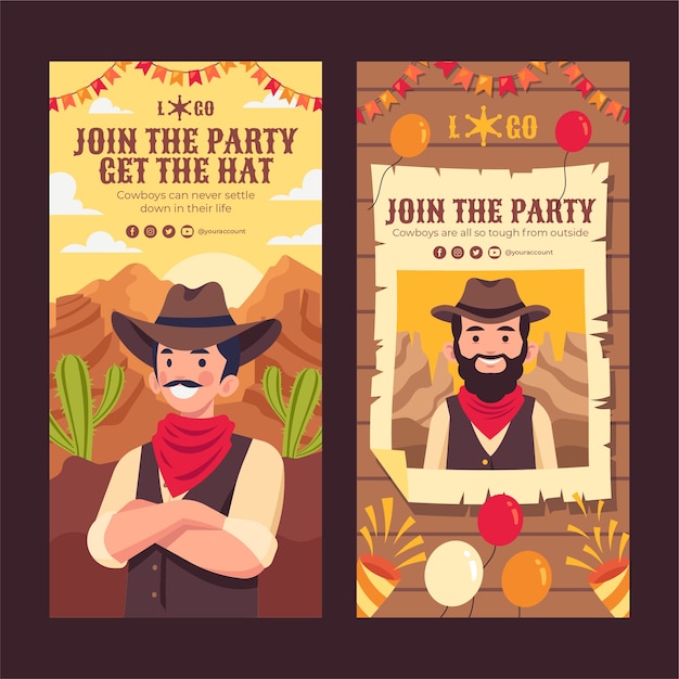 Kostenloser Vektor handgezeichnete vertikale banner-vorlage für cowboy-partys