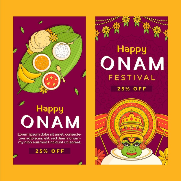 Handgezeichnete vertikale bannervorlage für die feier des onam-festivals