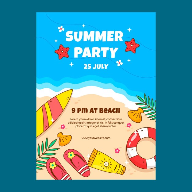 Handgezeichnete vertikale Flyer-Vorlage für das Sommerfest mit Strand