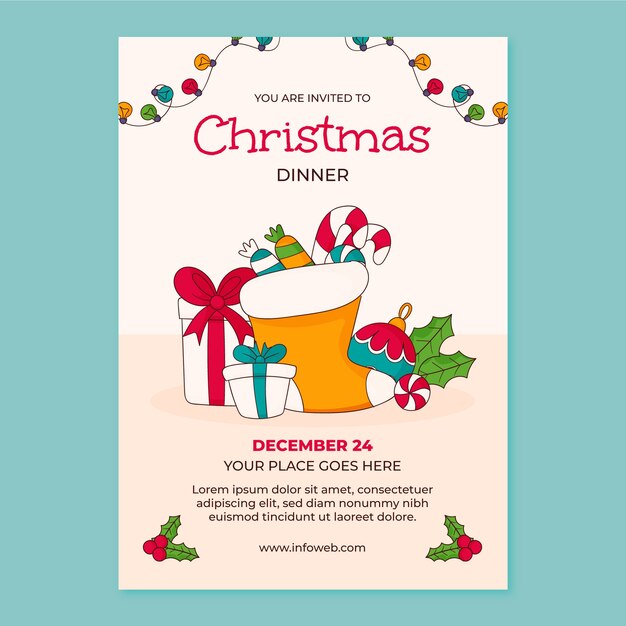 Handgezeichnete vertikale plakatvorlage für die weihnachtsfeier mit geschenken und weihnachtsstrumpf