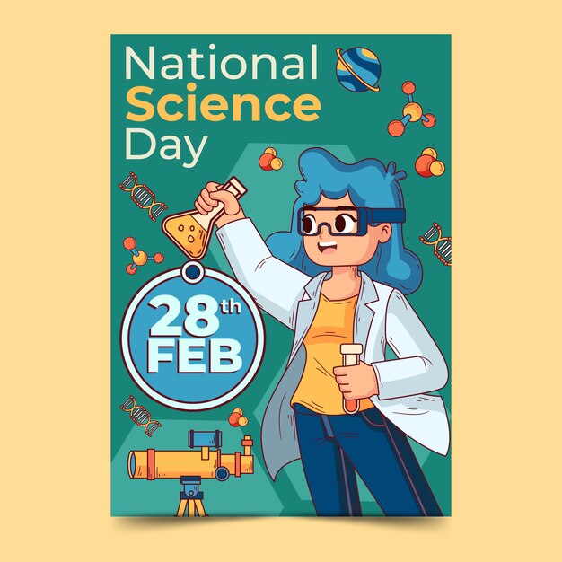 Handgezeichnete vertikale Plakatvorlage zum nationalen Wissenschaftstag