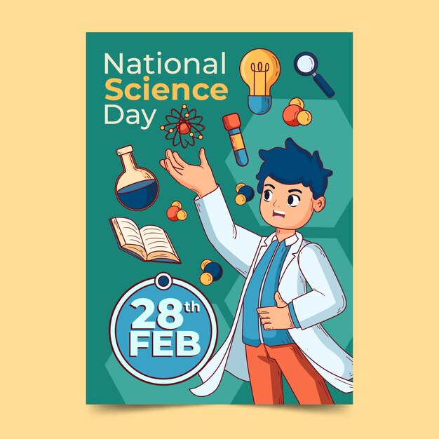 Handgezeichnete vertikale Plakatvorlage zum nationalen Wissenschaftstag