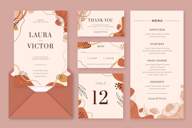 Handgezeichnete Vorlage für Briefpapierpakete für Hochzeiten