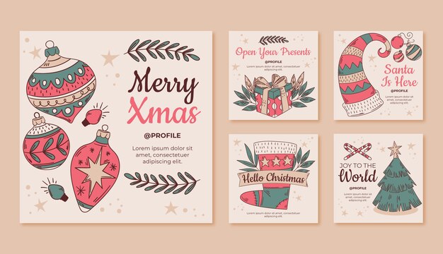 Handgezeichnete Weihnachts-Instagram-Posts-Sammlung