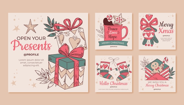 Handgezeichnete Weihnachts-Instagram-Posts-Sammlung