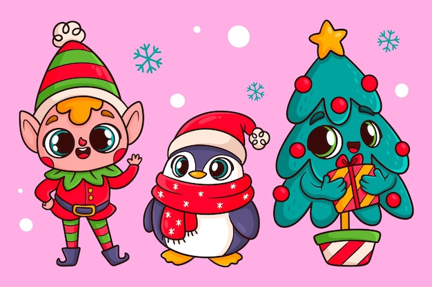 Handgezeichnete weihnachtskarikaturillustration mit pinguin und elf