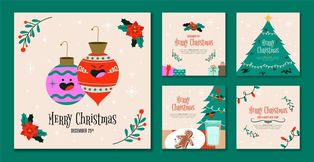 Handgezeichnete weihnachtszeit instagram posts sammlung