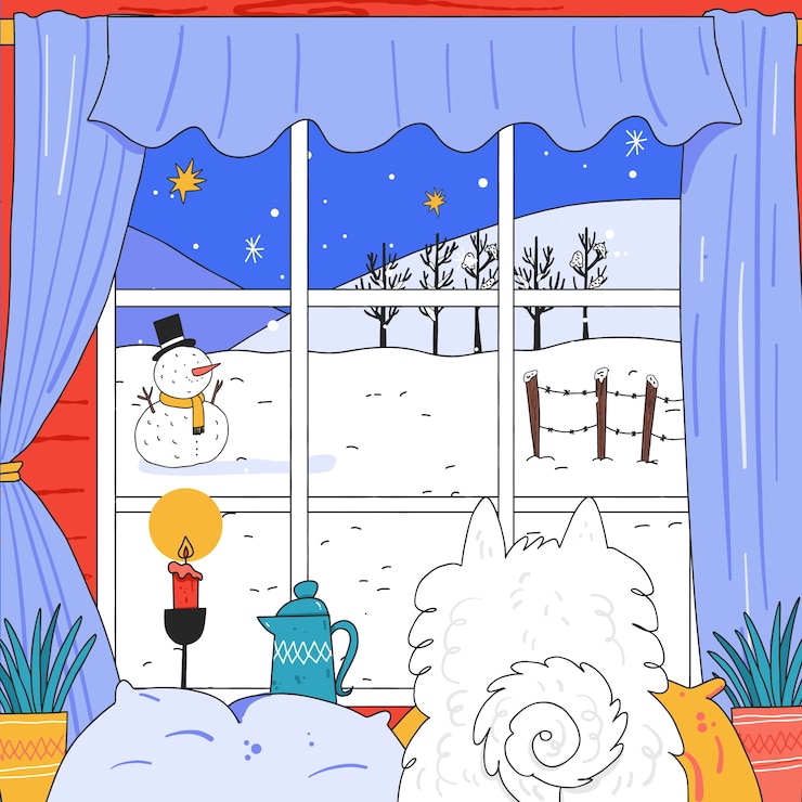 Kostenlose Vektor handgezeichnete winterfensterillustration
