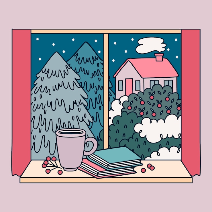 Kostenlose Vektor handgezeichnete winterfensterillustration