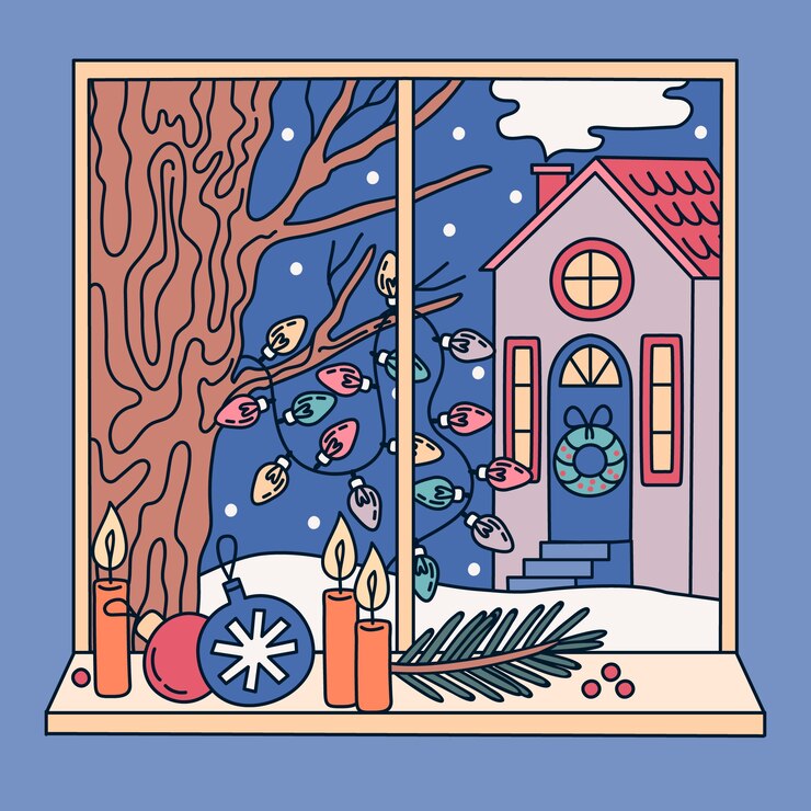 Kostenlose Vektor handgezeichnete winterfensterillustration