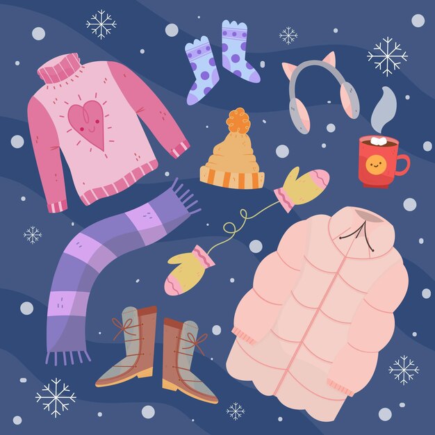 Handgezeichnete Winterkleidung und das Nötigste