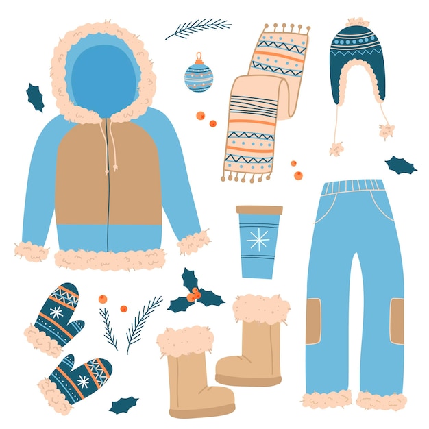 Handgezeichnete winterkleidung und essentials-kollektion