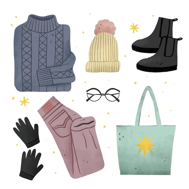 Handgezeichnete Winterkleidung und Essentials-Kollektion