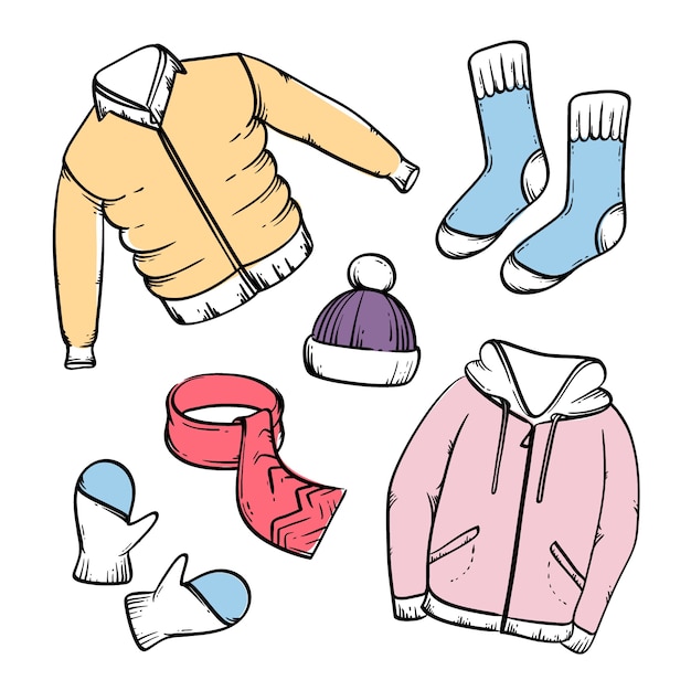 Handgezeichnete winterkleidung und essentials