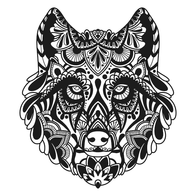 Handgezeichnete Wolf-Mandala-Illustration