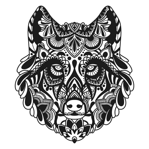 Handgezeichnete Wolf-Mandala-Illustration