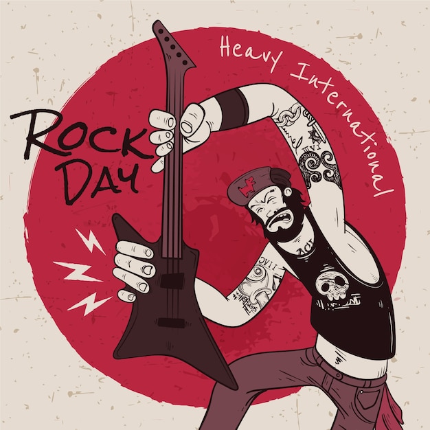 Kostenloser Vektor handgezeichnete world rock day illustration mit musiker, der gitarre spielt