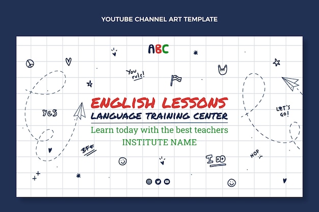 Handgezeichnete YouTube-Kanalkunst für den Englischunterricht