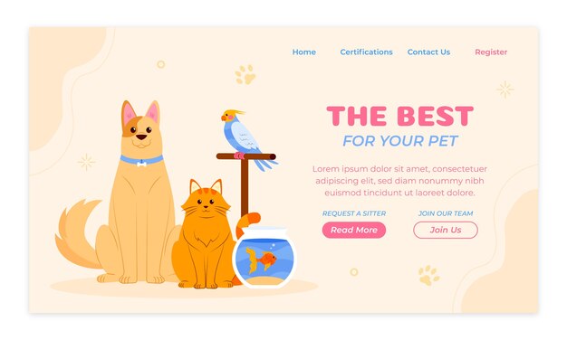 Kostenloser Vektor handgezeichnete zielseite für das sitzen von haustieren