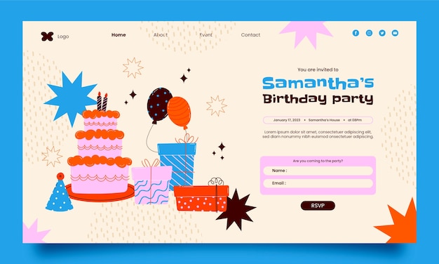 Kostenloser Vektor handgezeichnete zielseite für geburtstagsfeiern