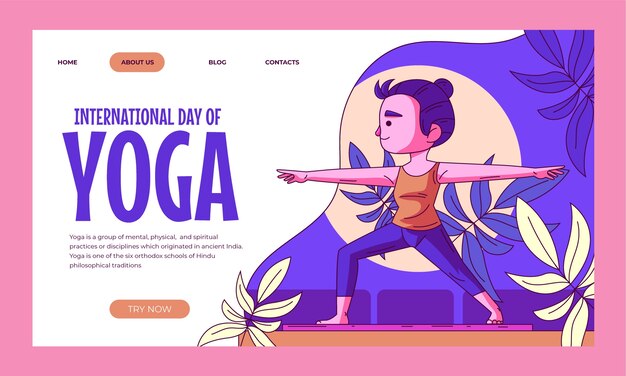 Handgezeichnete zielseitenvorlage für die feier des internationalen yoga-tages