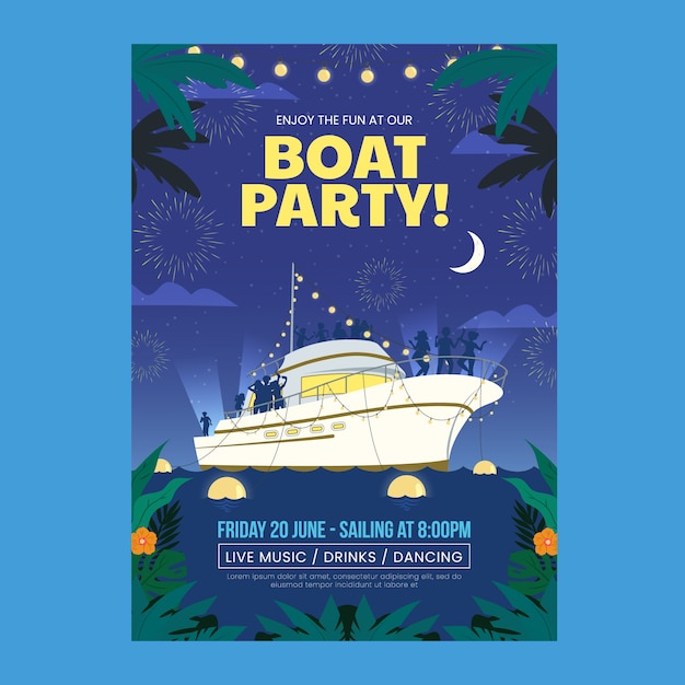 Kostenloser Vektor handgezeichneter bootsparty-flyer mit yacht