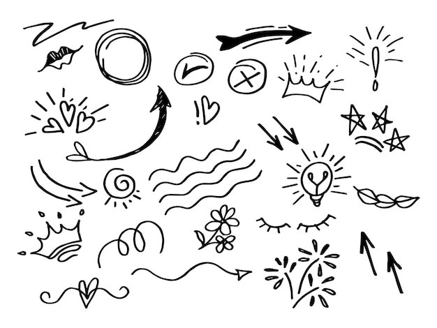 Handgezeichneter design-elementsatz. swishes, swoops, strudel, pfeil, herz, liebe, krone, blume, hervorhebungstext und em