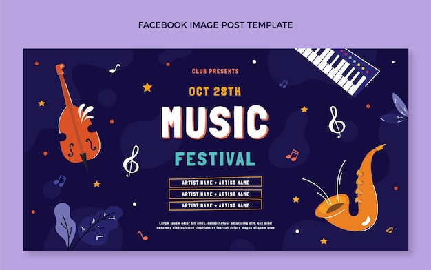 Kostenloser Vektor handgezeichneter facebook-beitrag zum musikfestival