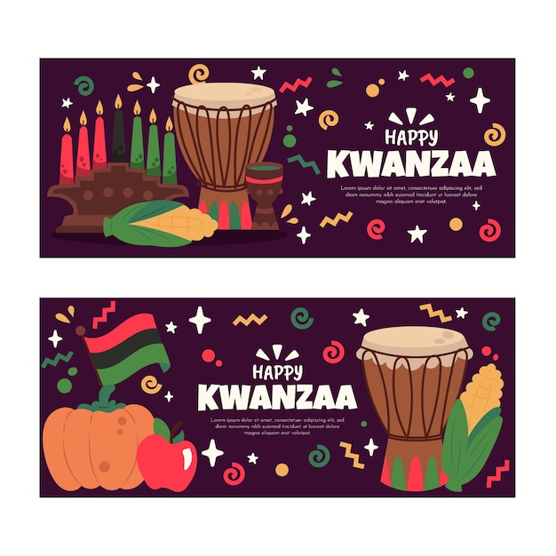 Kostenloser Vektor handgezeichneter flacher horizontaler kwanzaa-bannersatz