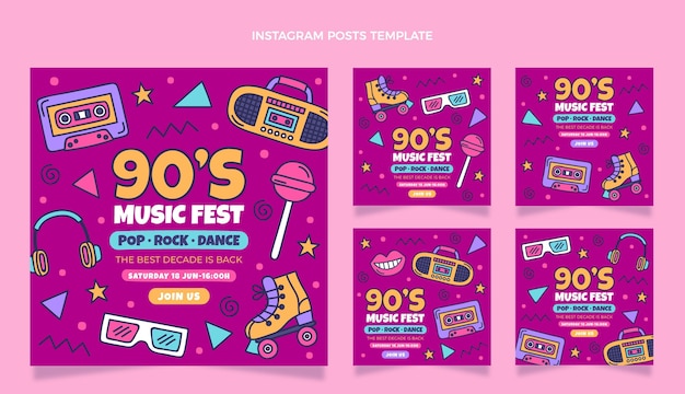 Handgezeichneter instagram-post zum musikfestival der 90er jahre