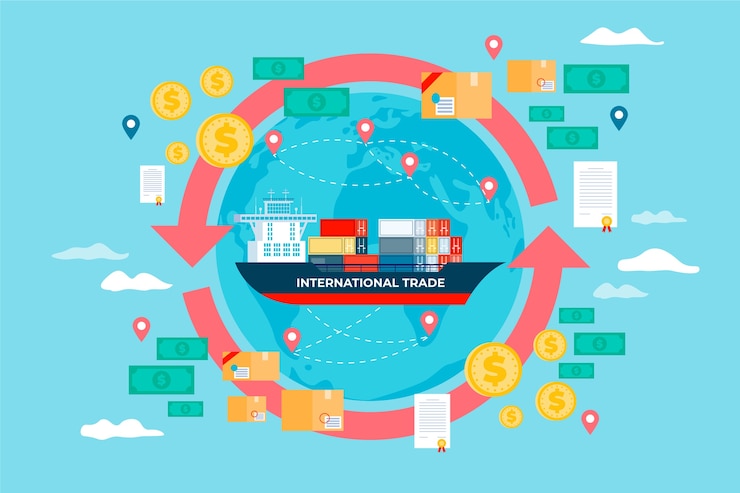 Kostenlose Vektor handgezeichneter internationaler handel mit schiff