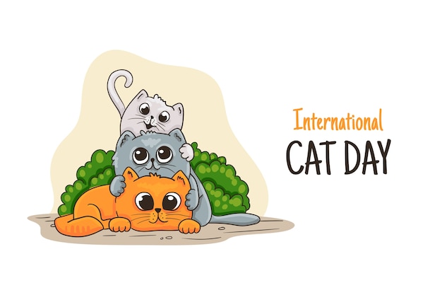 Kostenloser Vektor handgezeichneter internationaler katzentageshintergrund mit katzen