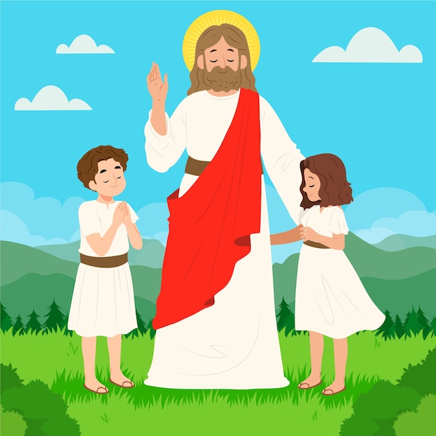 Handgezeichneter jesus mit kinderillustration