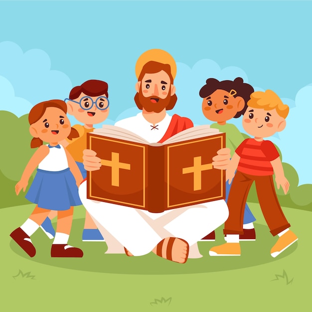 Handgezeichneter jesus mit kinderillustration