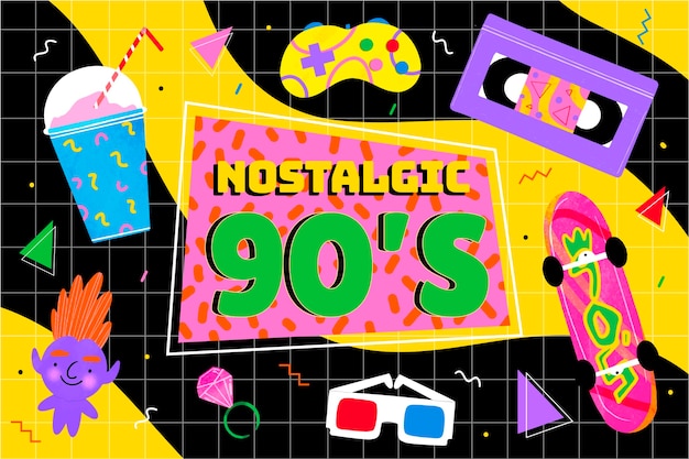 Kostenloser Vektor handgezeichneter nostalgischer hintergrund der 90er jahre