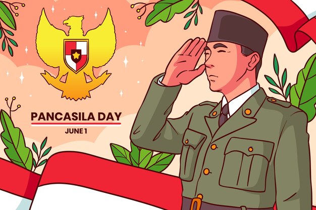 Handgezeichneter Pancasila-Tageshintergrund mit Soldatengruß