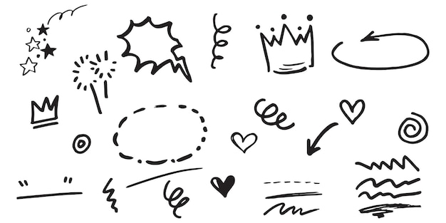 Handgezeichneter satz lockiger swishes, swashes, swoops. abstrakte pfeile, pfeil, herz, liebe, stern, blatt, sonne, licht, krone, könig, königin, auf doodle-stil für konzeptdesign. vektor-illustration.