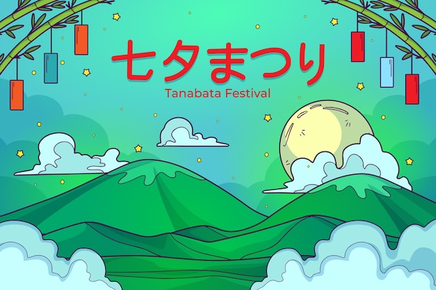 Kostenloser Vektor handgezeichneter tanabata-hintergrund mit bergen und vollmond