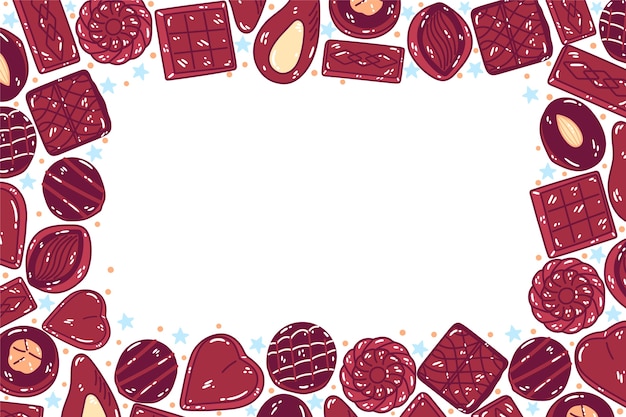 Handgezeichneter weltschokoladentageshintergrund mit schokoladenbonbons