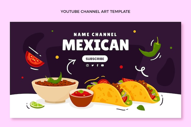 Kostenloser Vektor handgezeichneter youtube-kanal für mexikanisches essen