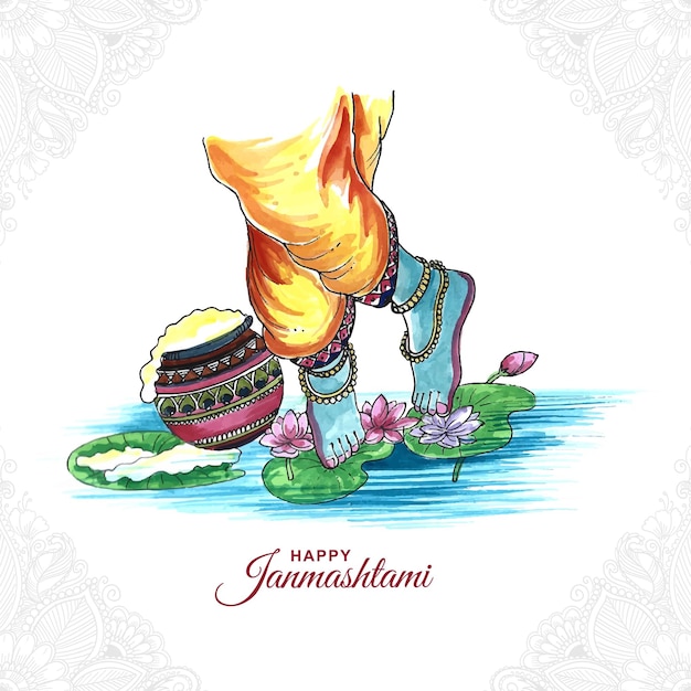 Handgezeichnetes Aquarell der Füße von Lord Krishna im fröhlichen Janmashtami-Festival-Kartendesign